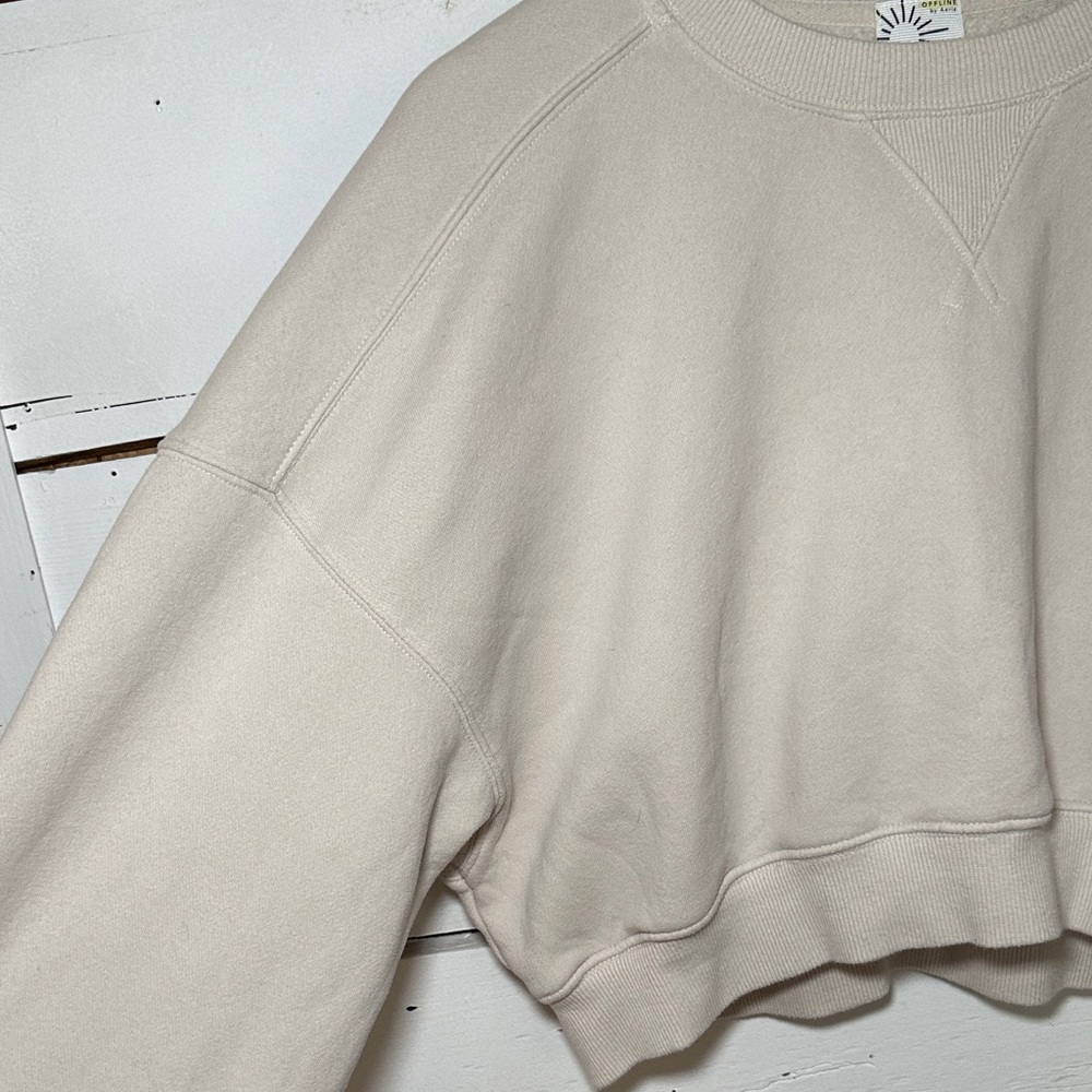Offline by Aerie Beige Cloud Fleece Cropped Crewneck Sweatshirt - Picture 4 of 9